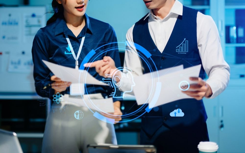 Asian business leader overlooking Singapore skyline with digital AI network, representing human-centred leadership in the age of AI