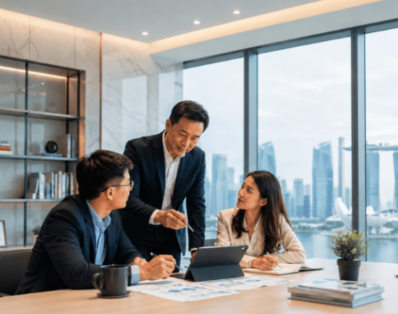 Manager applying situational leadership during a team conversation in Singapore