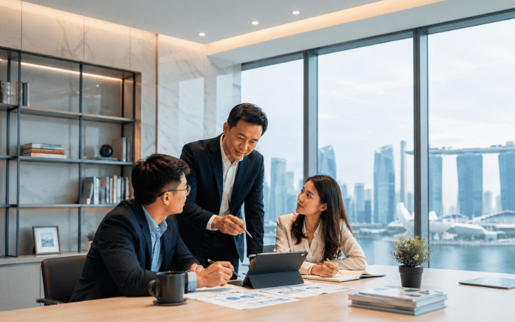 Manager applying situational leadership during a team conversation in Singapore